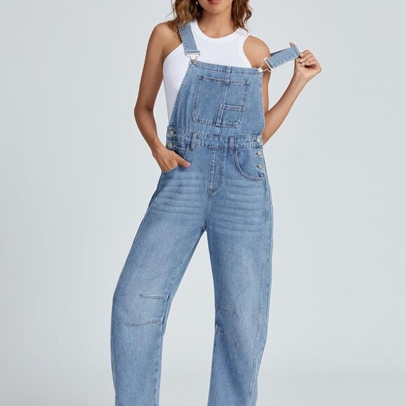 Women's Denim Overall Casual Straight Wide Leg Bib Jeans Overall Adjustable Stra - Picture 6 of 7